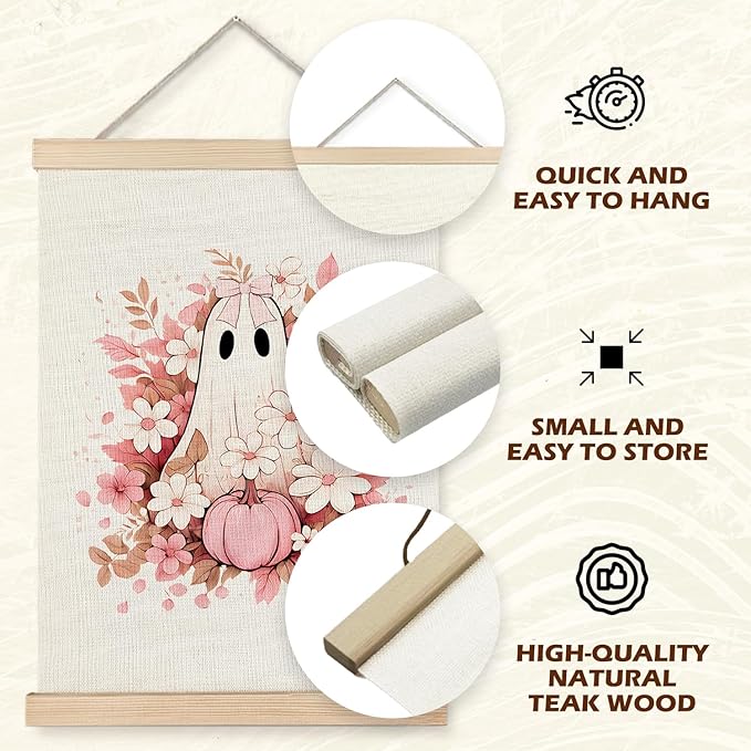 Supwhd Fall Floral Halloween Ghost Wall Art with Wooden Poster Hanger, Pink Bow Ghost Coquette Wall Decor, Coquette Preppy Room Decor, Halloween Pictures Wall Decor, 12x16