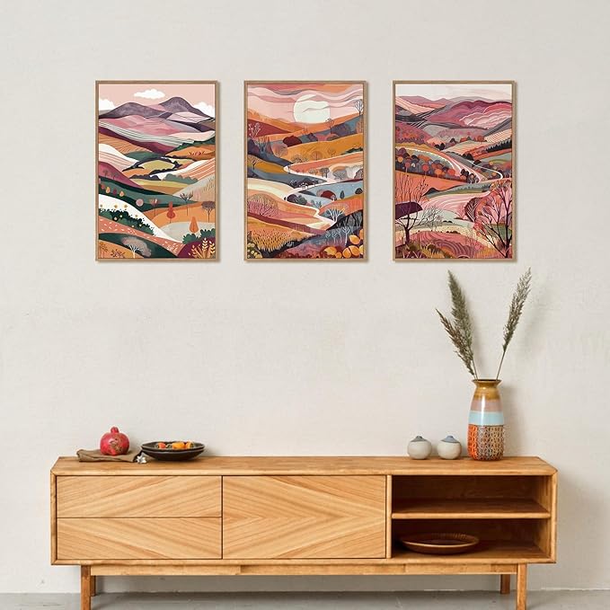 KAIRNE Boho Colorful Mountain Canvas Wall Art Set, Abstract Pink Mountains Forest Artwork, 3 Panels Framed Modern Nature Landscape Home Decor for Living Room, Bedroom, Office, 16x24 Inch Wall Decor