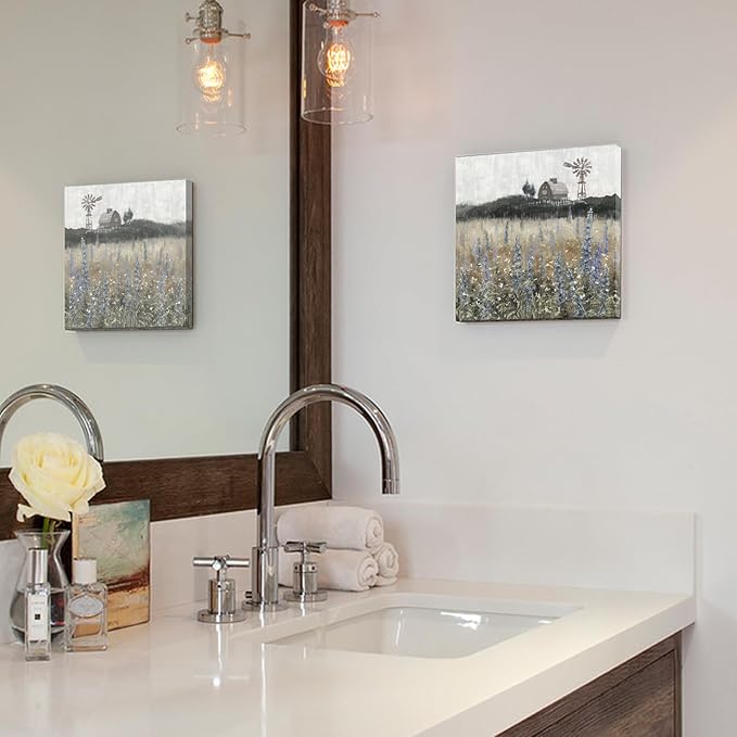 Bathroom Wall Art Vintage Farmhouse Canvas Print Retro Countryside Flower Field Nature Meadow Landscape Rustic Windmill Barn Picture Framed Artwork for Home Bedroom Living Room Black Purple 14x14inch