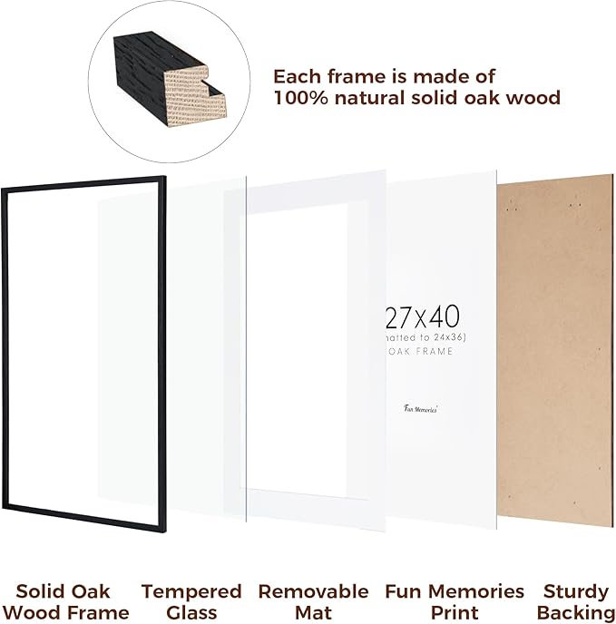 27x40 Black Wood Picture Frame, 27 x 40 Poster Frame for Wall - Solid Oak Wood & Tempered Glass, Rustic Wood 27 by 40 Frames, 27x40 Picture Frame Matted to 24x36, Large Art Frames 27 x 40, 1 Pack