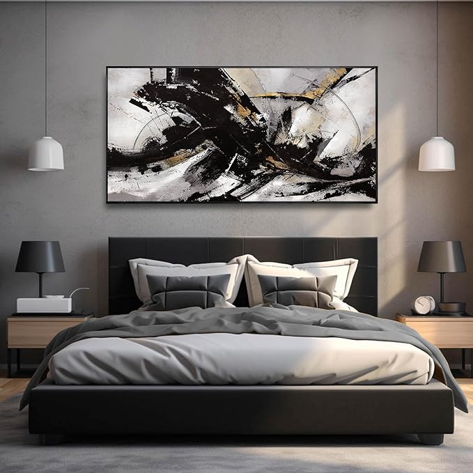 Black Wall Art Abstract Wall Decor for Living Room Framed Wall Art Canvas Art Grunge Artwork Large Office Pictures for Men 24”x48”