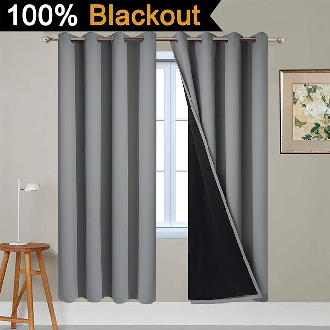 Yakamok Gray Full Shading Curtain Panels for Windows, 2 Thick Layers Thermal Insulated Drapes with Black Liner for Living Room(52Wx72L, Grey, 2 Panels)