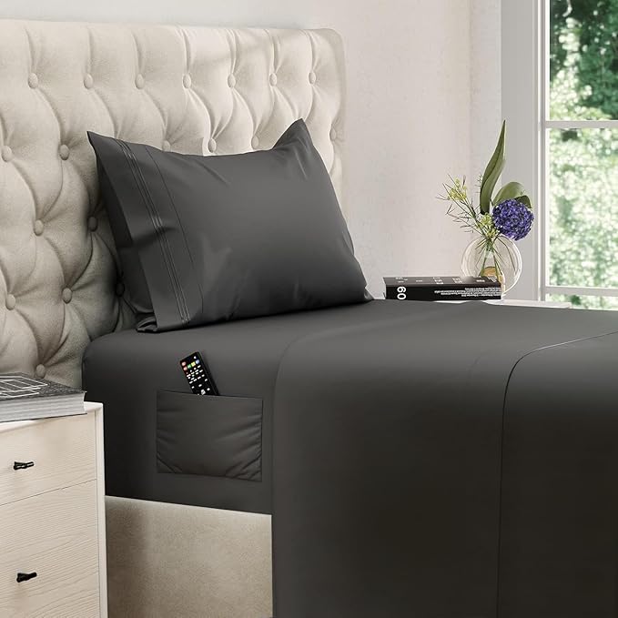 DREAMCARE Twin Sheets - 3pcs Cooling Sheets – up to 21” Extra Deep Pocket Twin Bed Sheets - Twin Sheet Set - Bed Sheets Twin - Soft & Long Lasting 100% Fine Brushed Polyester with Side Pocket - Gray