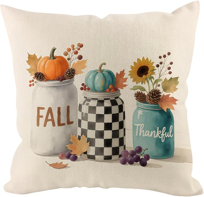 Fall Pumpkin Pillow Covers 20x20 inch Set of 4, Linen Autumn Outdoor Thankful Blessed Harvest Floral Farmhouse Decorations for Sofa Couch
