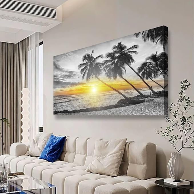Beach Wall Art Bedroom Wall Decor Living Room,Ocean Canvas Wall Art Office Farmhouse Paintings Artwork Modern Golden Sunshine Black and White Sea Wall Art Prints Pictures 20 * 40inch