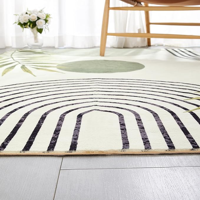 RoomTalks Mid Century Modern Washable Rug Stain Resistant, Boho Cute Aesthetic 9x12 Area Rugs for Bedroom Dining Living Room Office, Green Abstract Tropical Leaves Indoor Rug Plant Botanical Carpet