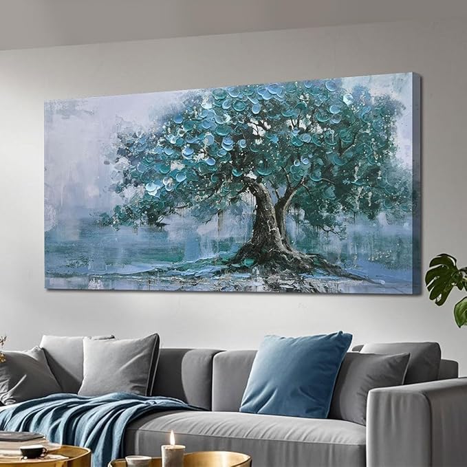 Ardemy Large Tree Canvas Wall Art for Living Room Teal Tree of Life Landscape Bedroom Picture Painting Artwork Framed Home Office Dining Room Kitchen Wall Decor, 48"x24"