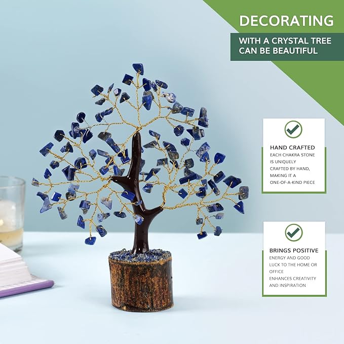 NARIBABU Lapis Lazuli Crystal Tree (7–8 Inch, 100 Chips) – Handmade Gemstone Tree with Raw Stones & Golden Wire – Birthday Gifts for Women, Gift for Her, Spiritual Decor, Office Desk