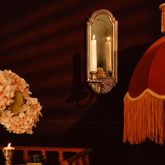 SOFFEE DESIGN Vintage Gold Wall-Mounted Candle Sconce with Mirror - Floral Base & 3D Woven Texture for Bathroom, Dining Room, Entryway