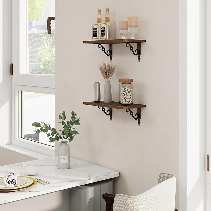RICHFOCUS Floating Shelves for Wall Decor, 8 Inch Deep Shelves Set of 2, 16W x 8D Floating Shelves Wall Mounted with Metal Brackets, Rustic Wood Shelves for Living Room Bedroom Kitchen, Walnut