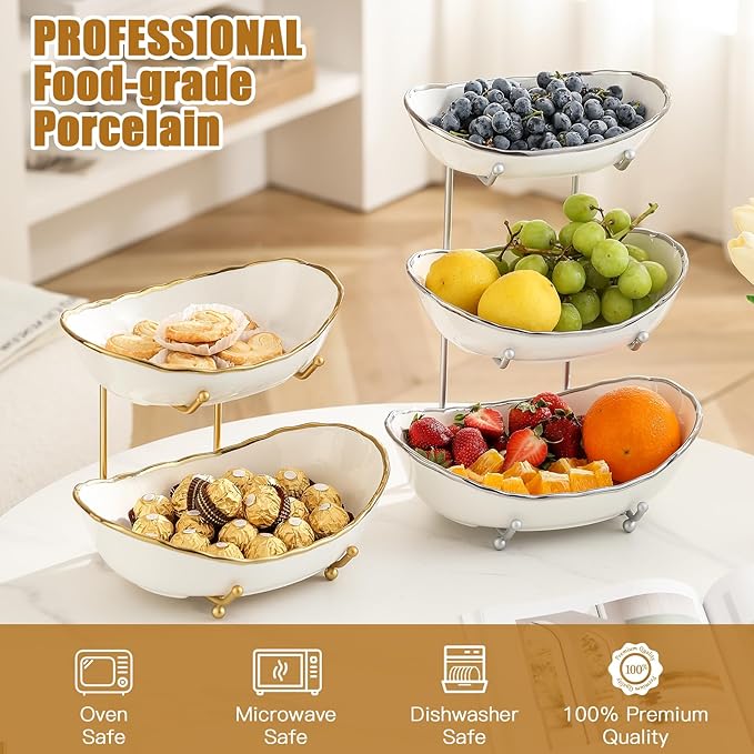 Ceramic Fruit Bowl for Kitchen Counter - 3 Tier Fruit Basket with Metal Stand, Tiered Fruit Stand for Countertop, Snack, Nuts, Cake, Dessert, Small & Cute (Silver-rimmed)