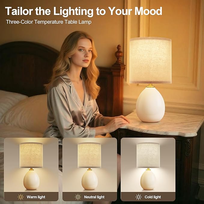 18.5" Table Lamp Set of 2 for Living Room Bedroom, Bedside Lamps for Night Stands, Desk Nightstand Lamp Dimmable, Modern Linen Cream Ceramic Lamps