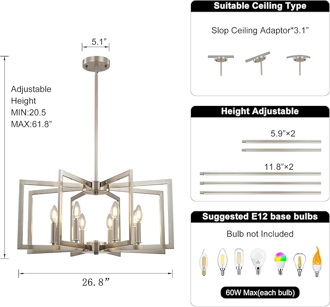 8-Light Large Brushed Nickel Chandeliers for Dining Room，Modern Industrial Pendant Lights Kitchen Island，Farmhouse Entryway Light Fixtures，Metal Geometric Chandelier for Living Room