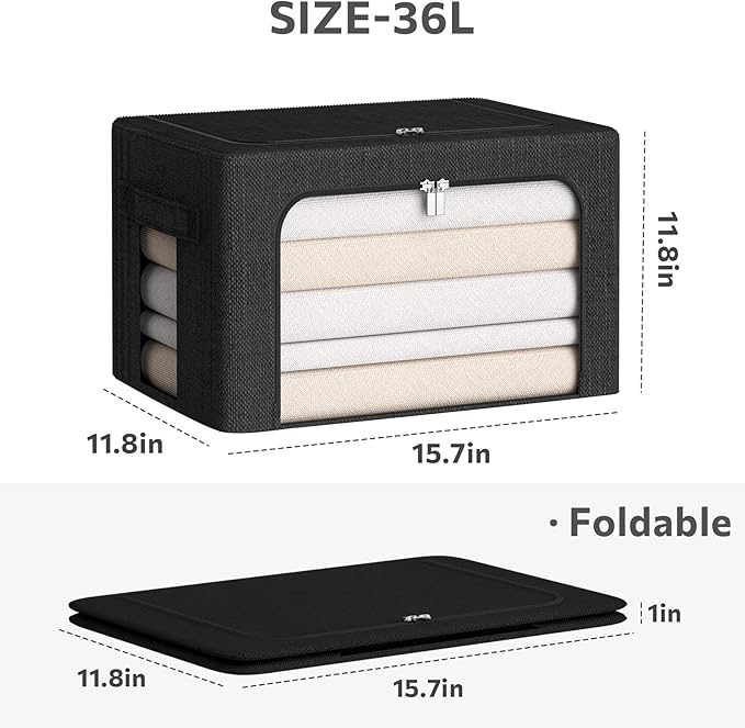 Clothes Storage Bins Box - Linen Fabric Foldable Stackable Container Organizer Set with Clear Window & Carry Handles & Metal Frame (Black, Medium-36L)