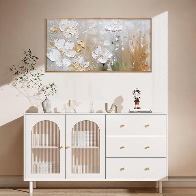 HPNIUB Large Hand-Painted White Flower Framed Wall Art Modern White and Gold Floral Canvas Oil Painting Nature Botanical Wall Decor Abstract Aesthetic Artwork for Living Room Bedroom Decor -20"x40"