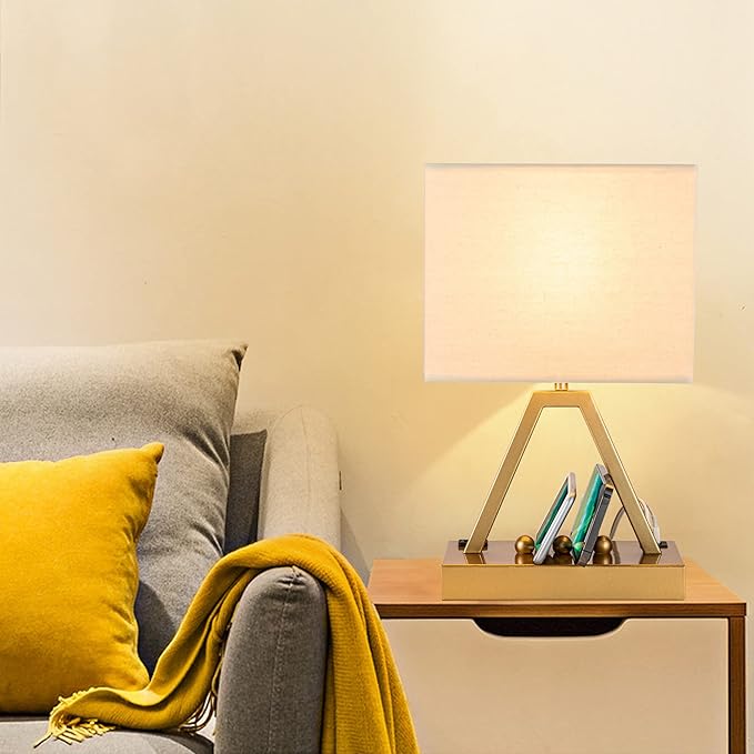 Briever Touch Control Table Lamp, 3-Way Dimmable Desk Lamp with USB C & USB A and AC Outlet, Bedside Lamp with Phone Stand and Fabric Shade for Bedroom, Living Room,Bulb Included, Gold