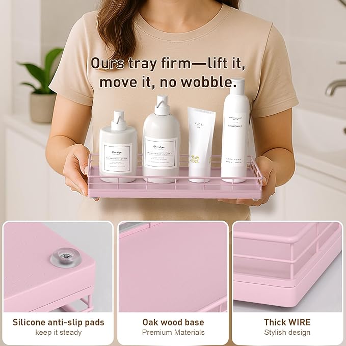 Toilet Tank Tray Organizer – Oak Wood Bathroom Counter Basket with Metal Frame, Back of Toilet or Tank Top Paper Holder Storage – Pink Modern Decor