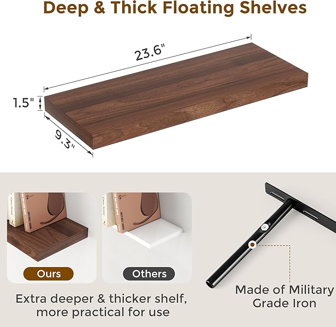 24 Inch Floating Shelves for Wall, 9.3 Deep Wall Shelves for Home Decor & Storage, 24x9.3x1.5 Large Wooden Shelf with Heavy-Duty Bracket, Deep Shelf for Kitchen, Living Room, Walnut Color