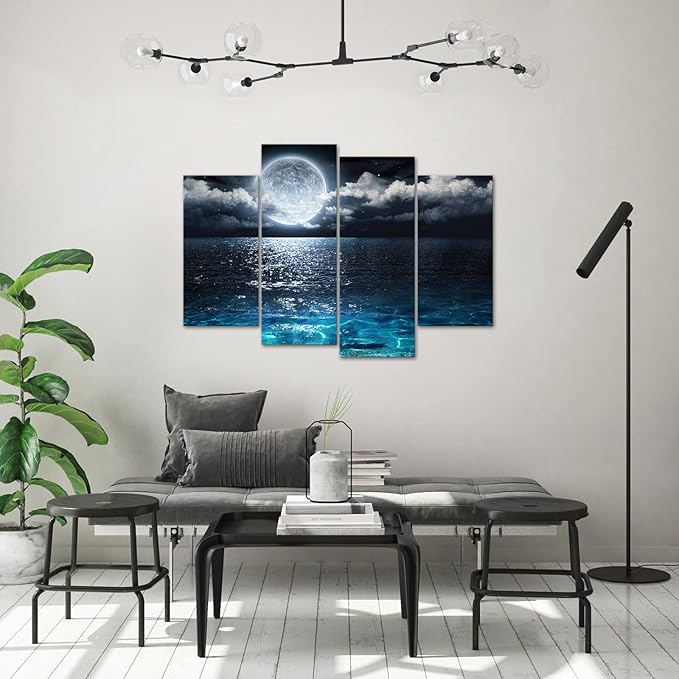 Saypeacher Full Moon Canvas Wall Art Ocean and Moon Photo Pictures Prints Night Sky Landscape Painting