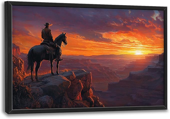Framed Large Wall Art for Living Room, Western Cowboy Canvas Wall Decor, Large Natural Landscape Picture Framed Painting, Modern Artwork for Bedroom Office 36L'' × 24W''