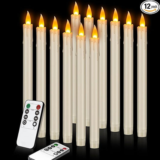 Flickering Flameless Taper Candles, 10" Fake Taper Candles Battery Operated with Timer, Long Lasting-Ivory Electric Led Candlesticks for Xmas Halloween Wedding Home Décor(Ivory Drip, 12 Pack)