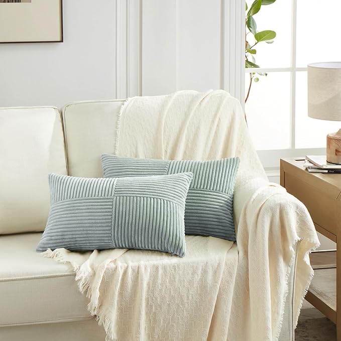 Fancy Homi 4 Packs Grey Blue Lumbar Decorative Throw Pillow Covers 12x20 Inch for Couch Bed Sofa, Rustic Farmhouse Boho Home Decor, Soft Striped Corduroy Rectangle Accent Cushion Case 30x50 cm