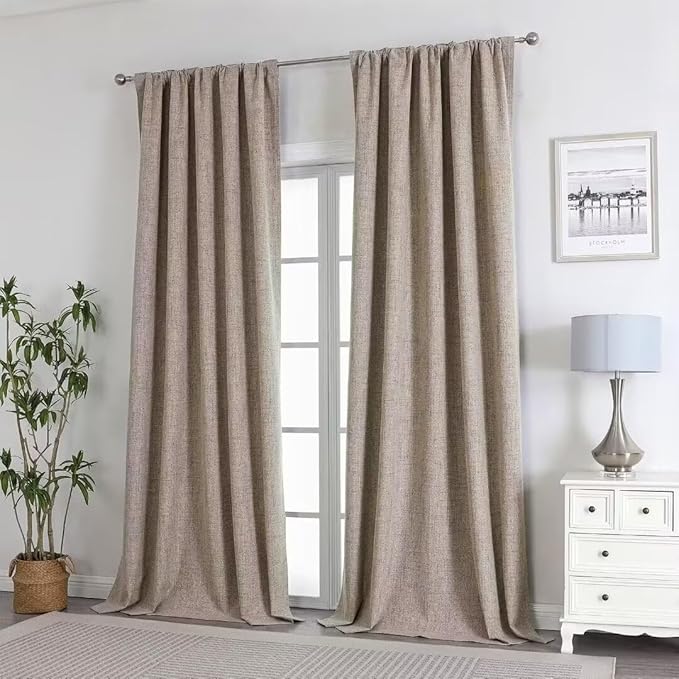 Joydeco Natural Linen Curtains 96 inch Length 2 Panels Set Burg 100% Blackout Patio Door Curtain Room Darkening Sliding Door Curtains Thermal Insulated Back tab Rod Pocket(105x96 inch, Linen)
