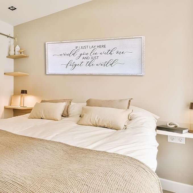 Surfapans If I Lay Here Would You Lie With Me Wall Decor Sign 40”X15” Master Room Bedroom Above Bed Large Farmhouse Inspirational Quotes Minimalist Wood Framed Over Bed Wall Art Decoration (White)