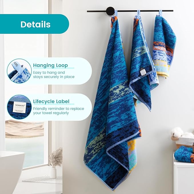 SEMAXE 18-Pack Bath Towel Set Include 6 Bath Towels, 6 Hand Towels, 6 Wash Cloths, 100% Cotton Bathroom Towels with Hanging Loops, Soft & Absorbent Towel, Colorful Towel