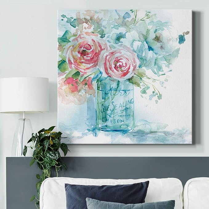 Wexford Home Square Premium Gallery Wrapped Canvas Flower Multicolor Wall Art Abstract Floral Romance Modern Pictures Print for Home Office, Ready to Hang, sea & glass I, 24x24