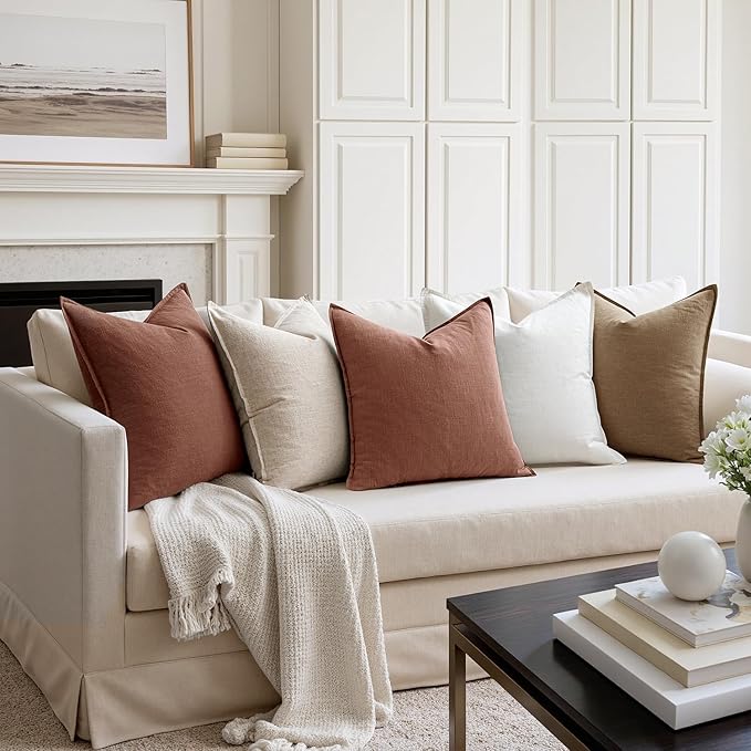 MIULEE Fall Decorative Linen Euro Sham Pillow Covers 24x24 Rust Red Boho Farmhouse Neutral Couch Throw Pillows for Bed Pack of 2 Accent Modern Pillowcase Sofa Livingroom Home Decor