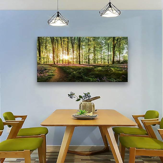 Green Forest Wall Art for Living Room Bedroom Office Large Landscape Nature Tree of Life Canvas Wall Art Kitchen Sunlight Grass Purple Flower Pictures Modern Wall Decor Paintings Artwork 20 * 40inch
