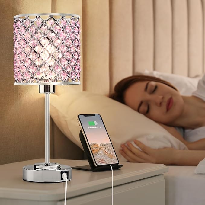 Pink Crystal Table Lamp Set of 2, Bedside Table Lamps 3-Way Dimmable Touch Nightstand Lamp with USB-C+A Charging Ports Night Lights Decorative Accent Lamp for Bedroom, Living Room, Office, Girls Room