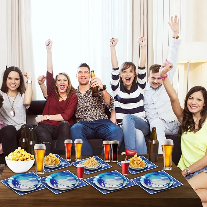 180Pcs Ice Hockey Party Supplies Paper Plates and Napkins Serve 60 Disposable Tableware Set for Birthday Party Decorations Game Day Family School Holiday Sports Events