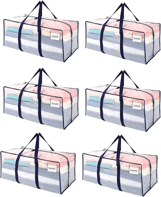 VENO 6 Pack Moving Bags Plastic Storage Totes Clothes Organization Large W Lid/Zipper. Packing Boxes/Bins Alternative. Space Saving Foldable College Supplies Essentials (Clear, 6 Pack)