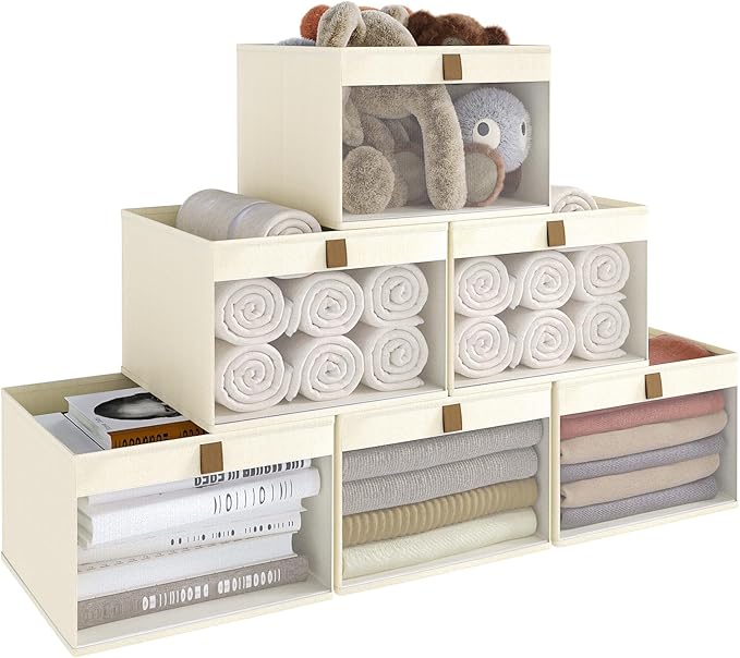 Linen Closet Organizers and Storage, Closet Storage Bins Basket Organizer, Foldable Organization Baskets with Mesh Window for Clothes Towels and Toys, 10.75" x 10.75" x 7.5", Beige, 6 pack