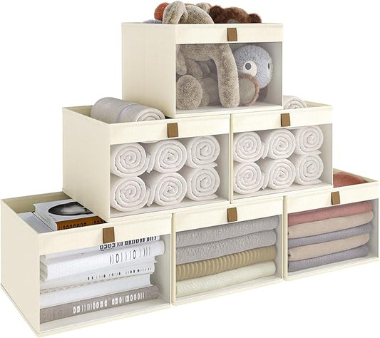 Linen Closet Organizers and Storage, Closet Storage Bins Basket Organizer, Foldable Organization Baskets with Mesh Window for Clothes Towels and Toys, 10.75" x 10.75" x 7.5", Beige, 6 pack