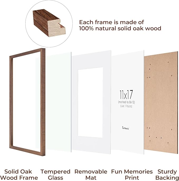 Fun Memories 11x17 Picture Frame, Natural Solid Oak Wood Frame 11 x 17 with Tempered Glass, 11''x17'' Matted for 8x12 Picture, Minimalist Wooden by Poster Art Walnut
