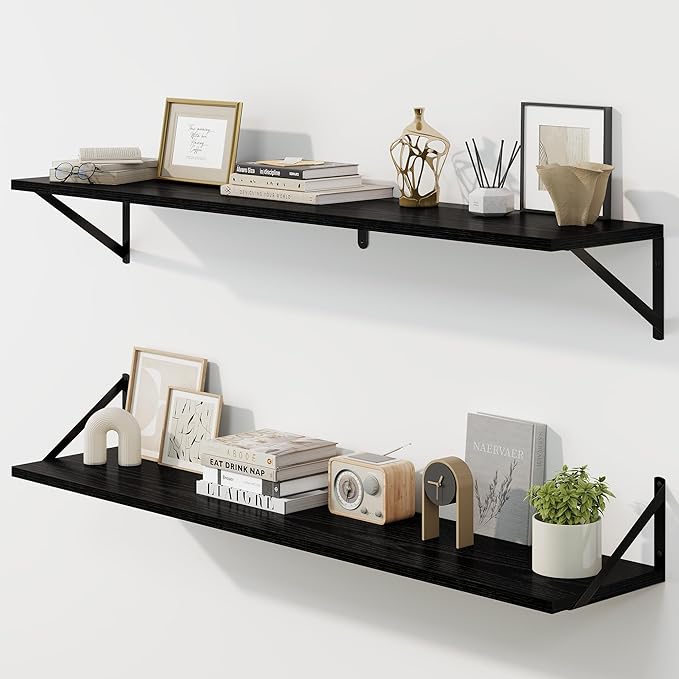 Fun Memories Deep Floating Shelves for Wall, 48W x 8D Wall Mounted Shelves Set of 2, Wide Display Ledge Shelf with Sturdy Metal Brackets for Living Room, Bathroom, Bedroom and Kitchen, Black