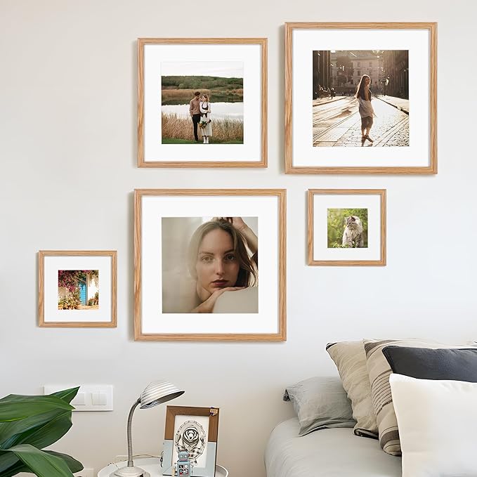 16x16 Picture Frames, Solid Oak Wood Photo Frame 16 by 16, Rustic Wooden Square Picture Frame with Tempered Real Glass, 16 x 16 Square Frame Matted to 12 x 12, Natural Color, Set of 2