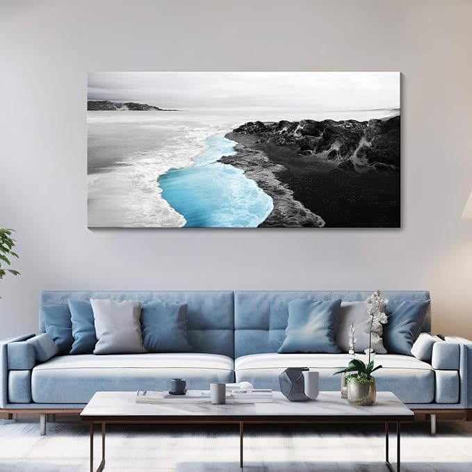 YCPRIMER Blue Beach Wall Art - Large Canvas Coastal Decor Ocean Landscape Painting,Moden Seaside Picture for Living Room,Bathroom,Bedroom Artwork Wall Decoration Size 24×48Inch