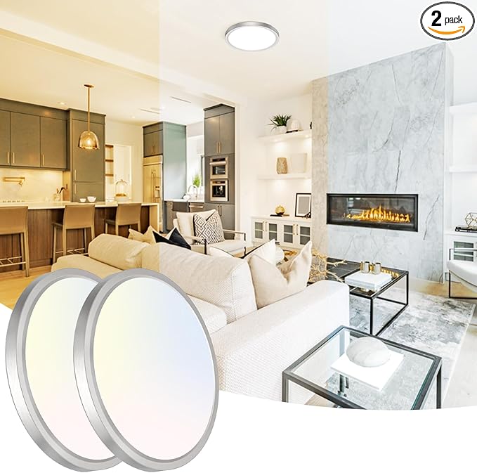 Peasur 7 Inch Satin Round Lighting Brushed Nickel, 15W LED Slim Flush Mount Ceiling Light,3000K/4000K/6500K Adjustable, Modern LED Ceiling Light for Bedroom, Living Room and Kitchen(2-Pack)