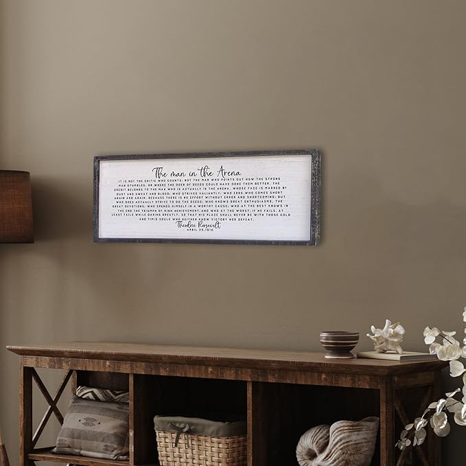 Surfapans The Man In The Arena Wall Decor 40"x15" Morden Office Motivational Wood Framed Sign For Men Large Farmhouse Living Room Inspirational Quotes Positive Speech Home Wall Decoration (Black)