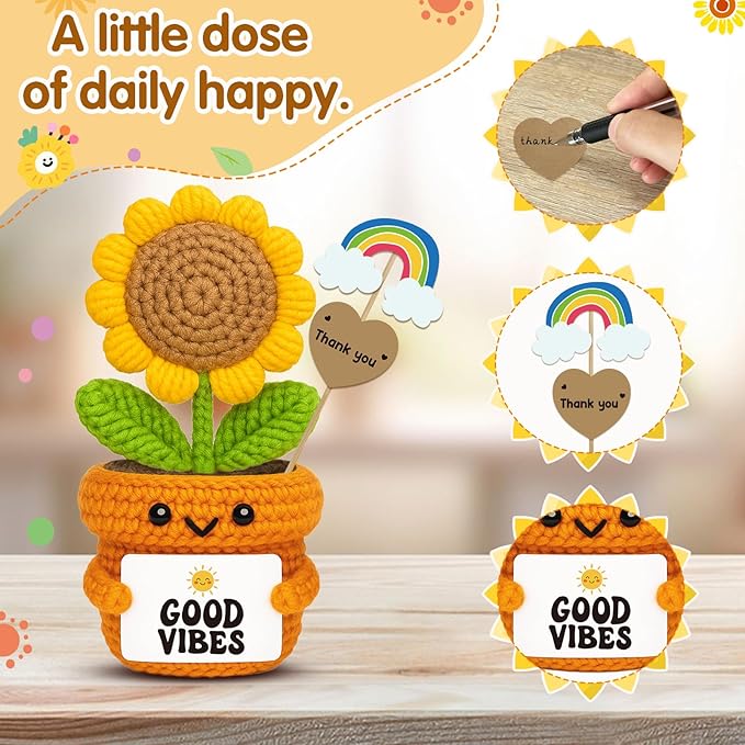 Crochet Sunflower Desk Gift – Good Vibes Affirmation Plush – Positive Energy Decor for Coworker, Teacher, Friend, Employee,– Motivational Pick-Me-Up for Women, Men