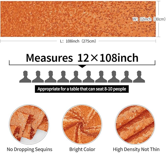 2 Packs 12 x 108 inches Orange Sequin Table Runner, Glitter Orange Table Runner for Wedding Birthday Bachelorette Holiday Party Supplies Decorations Bridal Shower Baby Shower