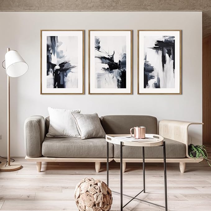 IARTTOP Large Abstract Modern Minimalist Neutral Framed Canvas Wall Art 16x24 Inch Black and White Wall Decor Set of 3 for Living Room Bedroom Office