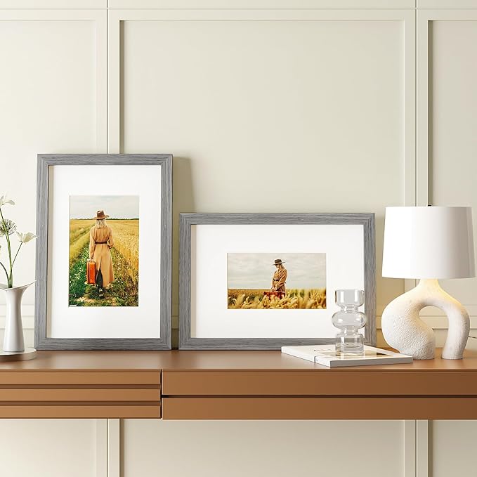 Egofine 8x12 Picture Frames Set of 4, Made of Solid Wood Covered by Plexiglass 5x7 and 6x8 with Mat or 8x12 without Mat, for Table Top Display and Wall Mounting Photo Frame Light Grey