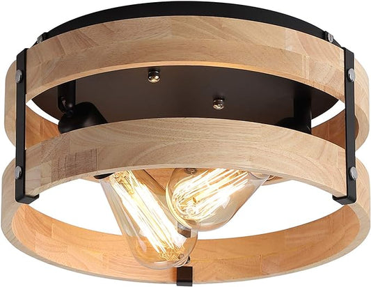 Modern Farmhouse Flush Mount Light Fixture Two-Light Metal and Wood Round Drum Rustic Flush Mount Ceiling Light for Hallway Bedroom Kitchen Entryway, Light Yellow Wood and Black