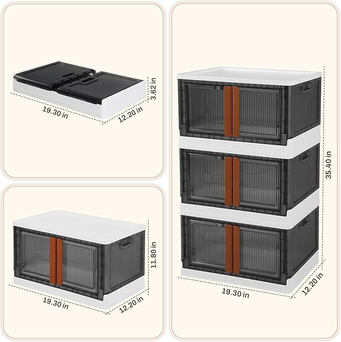 GCCSJ 33.6Qt Stackable Plastic Storage Boxes with Lids, Foldable Closet Organizers and Storage Containers with Wheels, Collapsible Storage Bins for Home Organization, 3 Pack Grey White