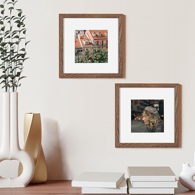 Rustic Wood 8x8 Picture Frame, Solid Oak Wood Frame 8 by 8, 8 x 8 Square Photo Frame with Tempered Real Glass, 8"x8" Picture Frame Matted to 4"x4", Squre Wood Picture Frames, Walnut Color, Set of 2